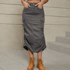 Drawstring Ruched Slit Denim Midi Skirt (16)