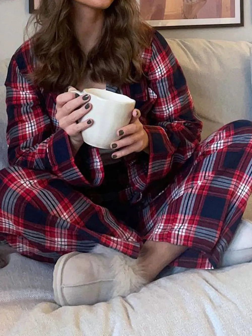 Plaid Collared Neck Button Up Top Pants Lounge Set (9)