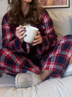 Plaid Collared Neck Button Up Top Pants Lounge Set (9)