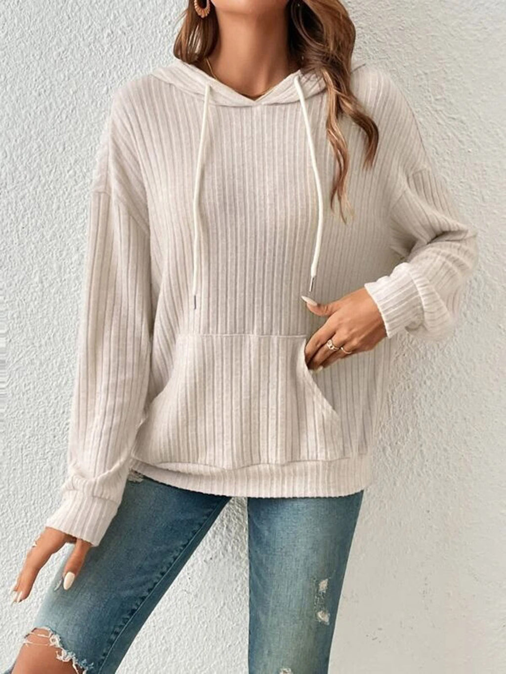 Ribbed Dropped Shoulder Drawstring Hoodie (6)