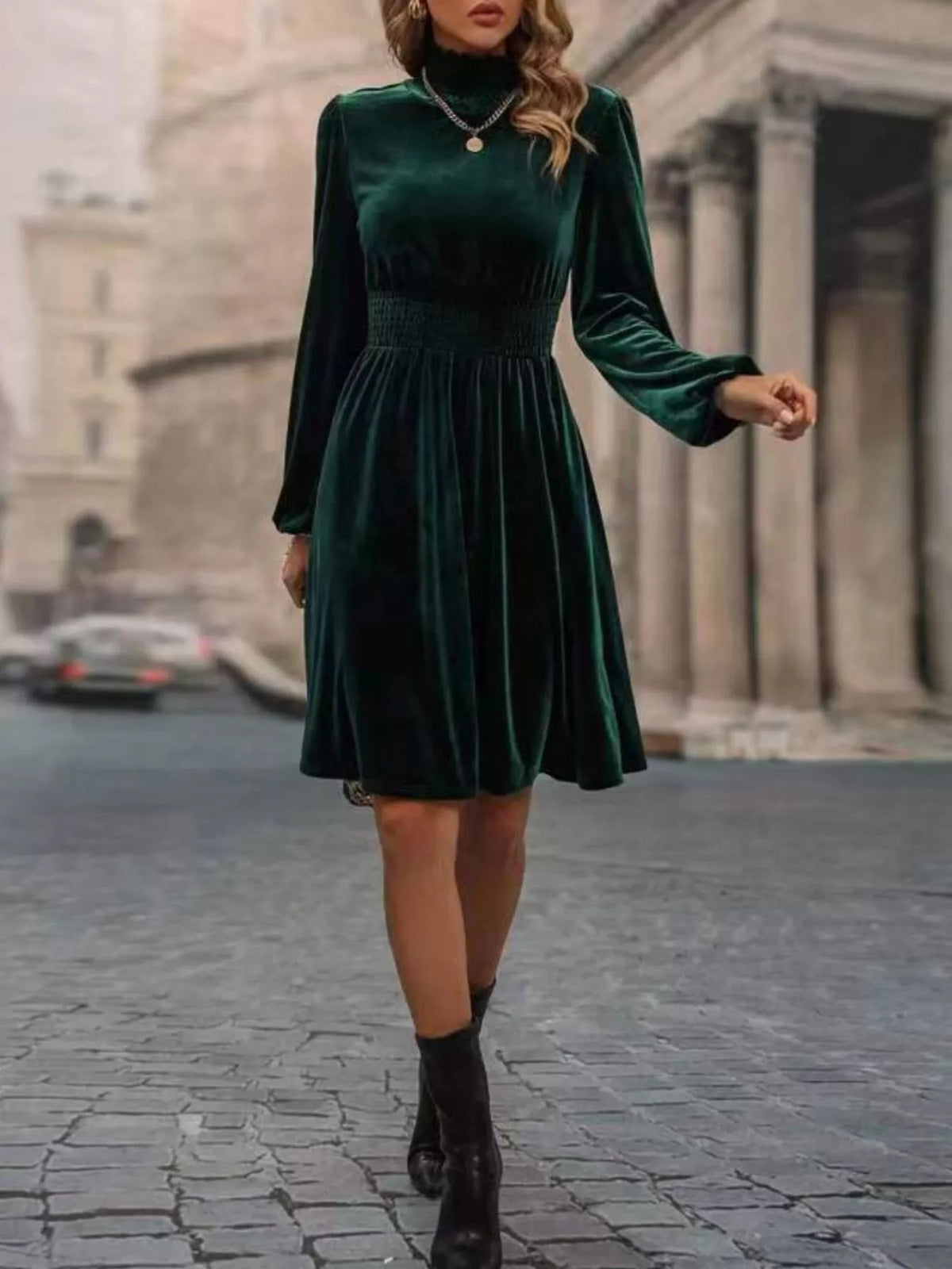 Velvet High Neck Long Sleeve A-line Dress (6)