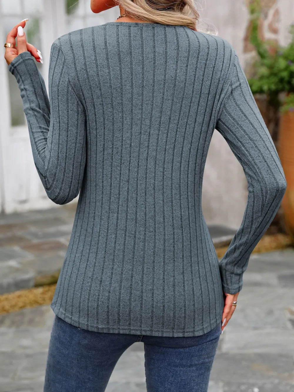 Decorative Button Round Neck Long Sleeve T-shirt (32)