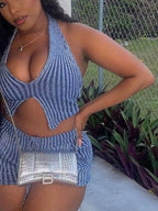 Halter Neck Top Shorts Sweater Set (3)