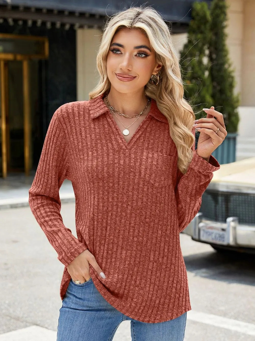 Ribbed Johnny Collar Long Sleeve T-shirt (9)