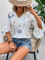 Ruffled Printed V-neck Half Sleeve Blouse (2)