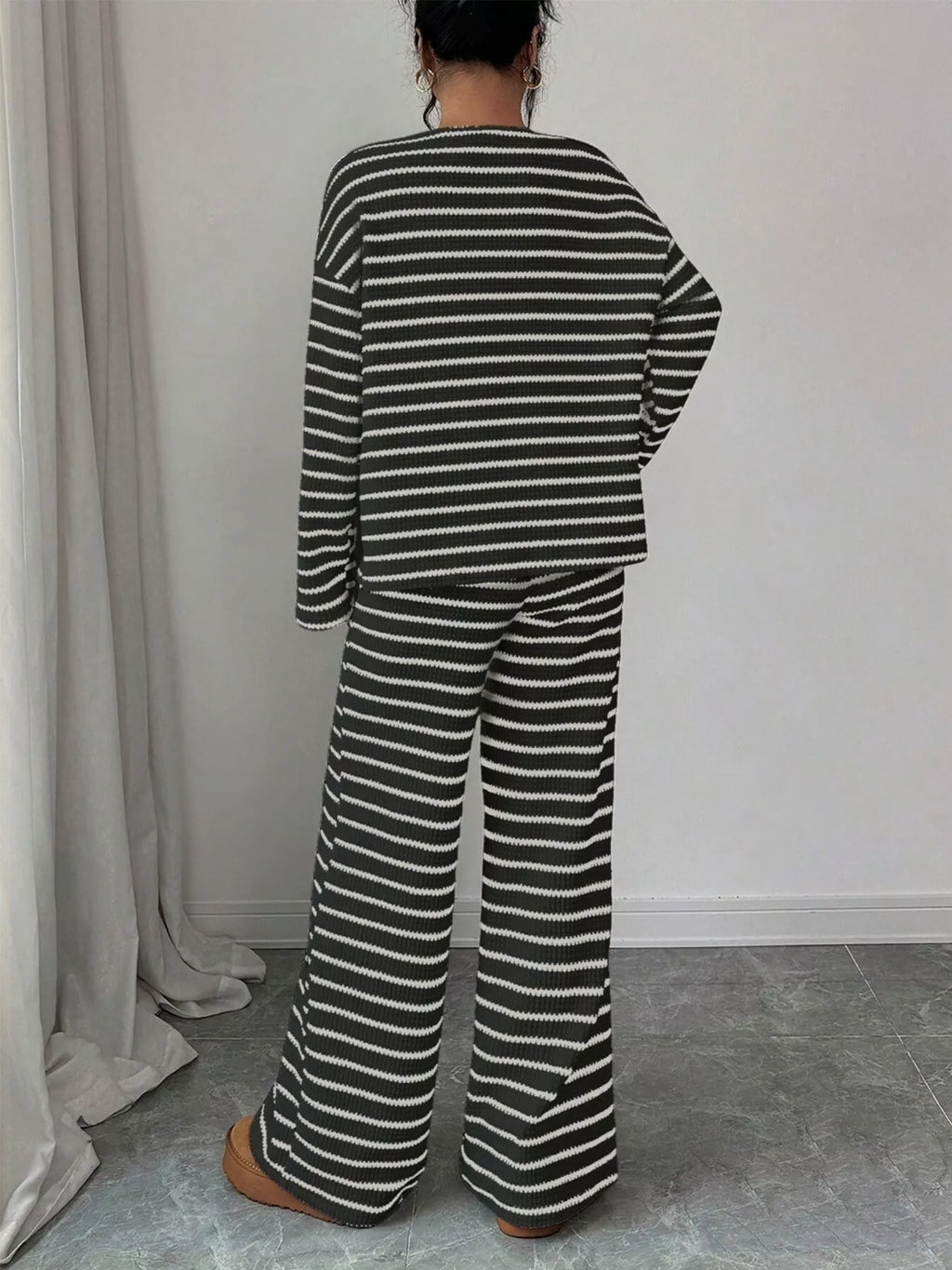 Striped Knit Dropped Shoulder Top Pants Set (8)