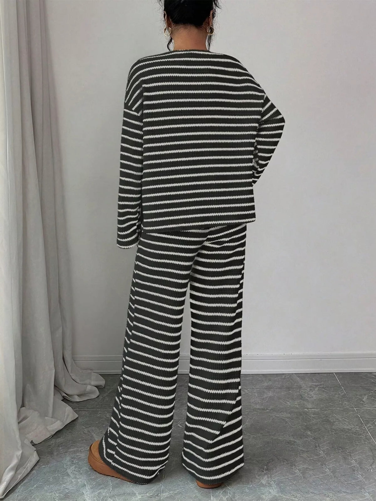 Striped Knit Dropped Shoulder Top Pants Set (8)