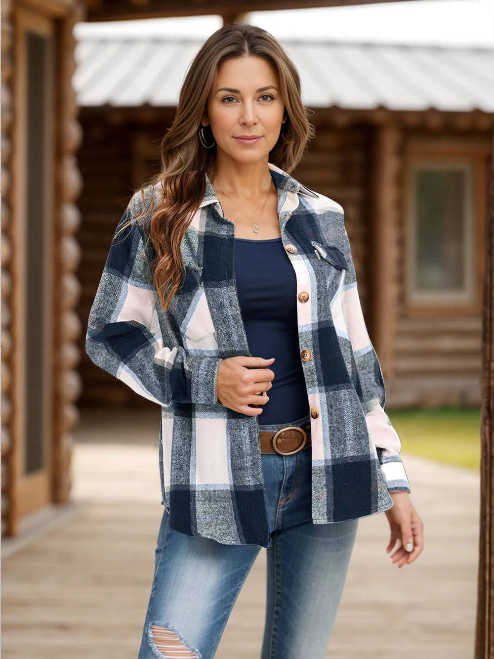 Full Size Pocketed Plaid Collared Neck Shacket (2)