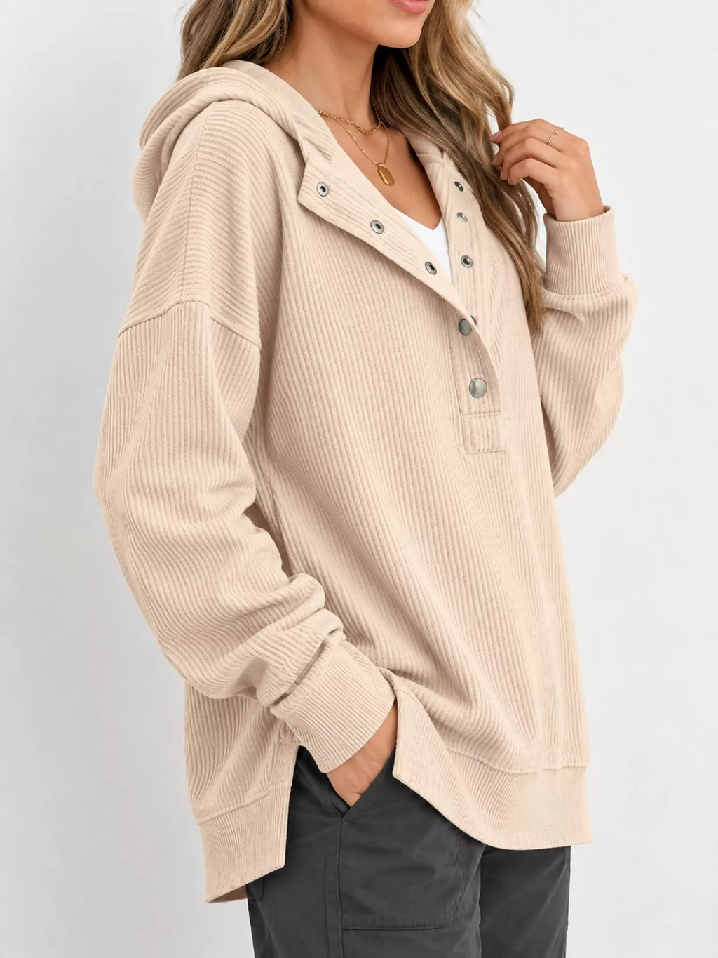 Full Size Snap Button Placket Dropped Shoulder Hoodie Plus (29)