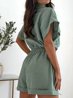 Button Front Short Sleeve Shirt Shorts Set (9)