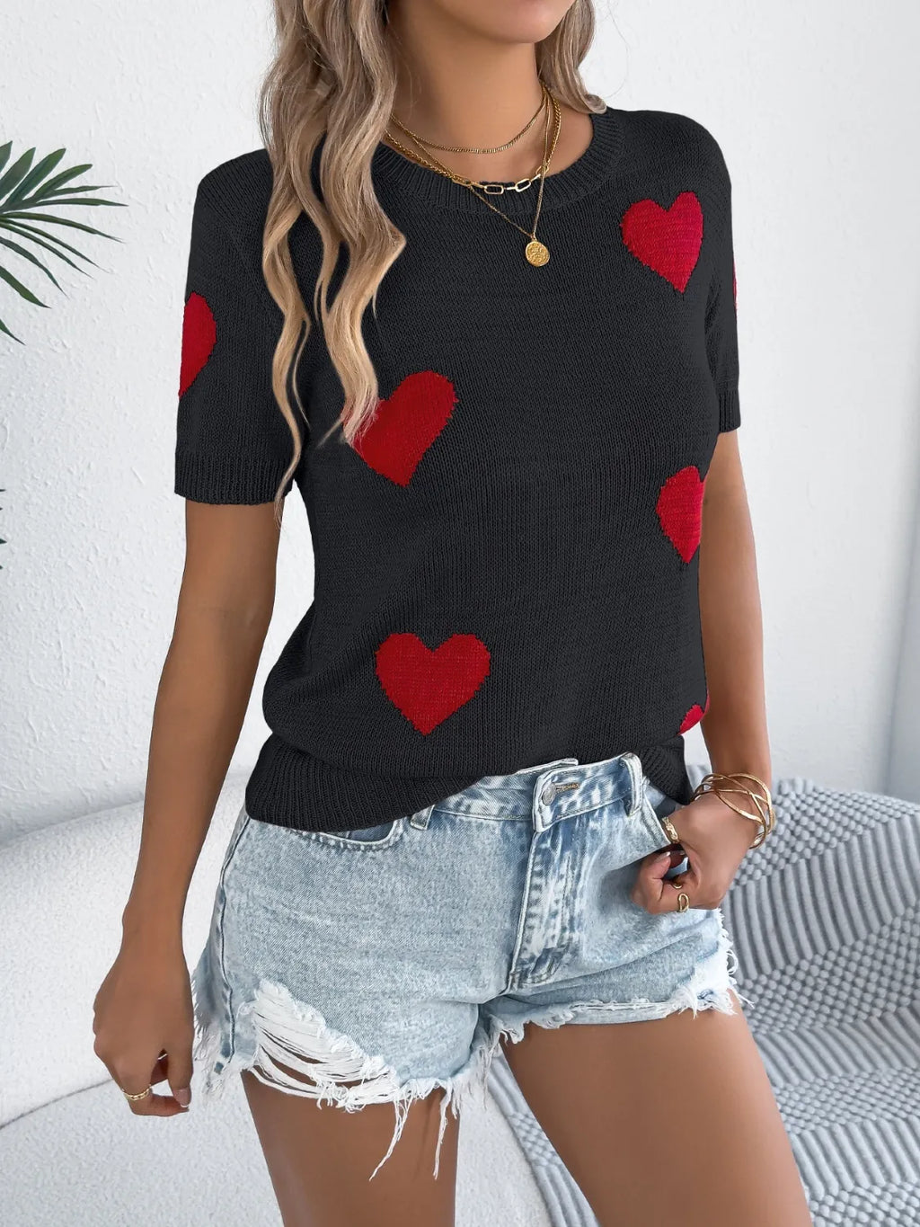 Heart Round Neck Short Sleeve Knit Top (10)