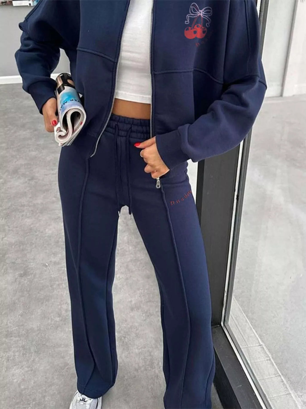 Zip Up Dropped Shoulder Outerwear Pants Set (14)