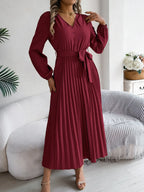 Pleated Tied V-neck Long Sleeve Dress (21)