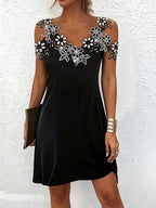 Lace Floral Trim Cold Shoulder Mini Dress