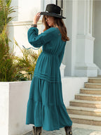 Tie Neck Long Sleeve Midi Tiered Dress (29)