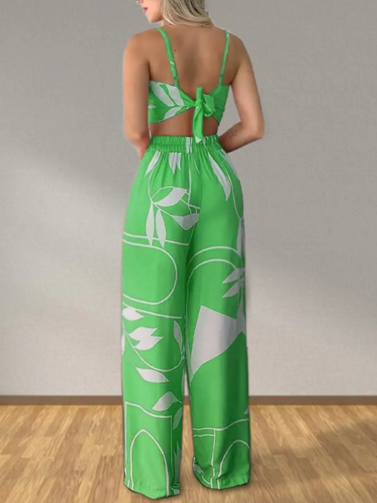 Tropical Print Spaghetti Strap Crop Top Wide Leg Pants Set (5)
