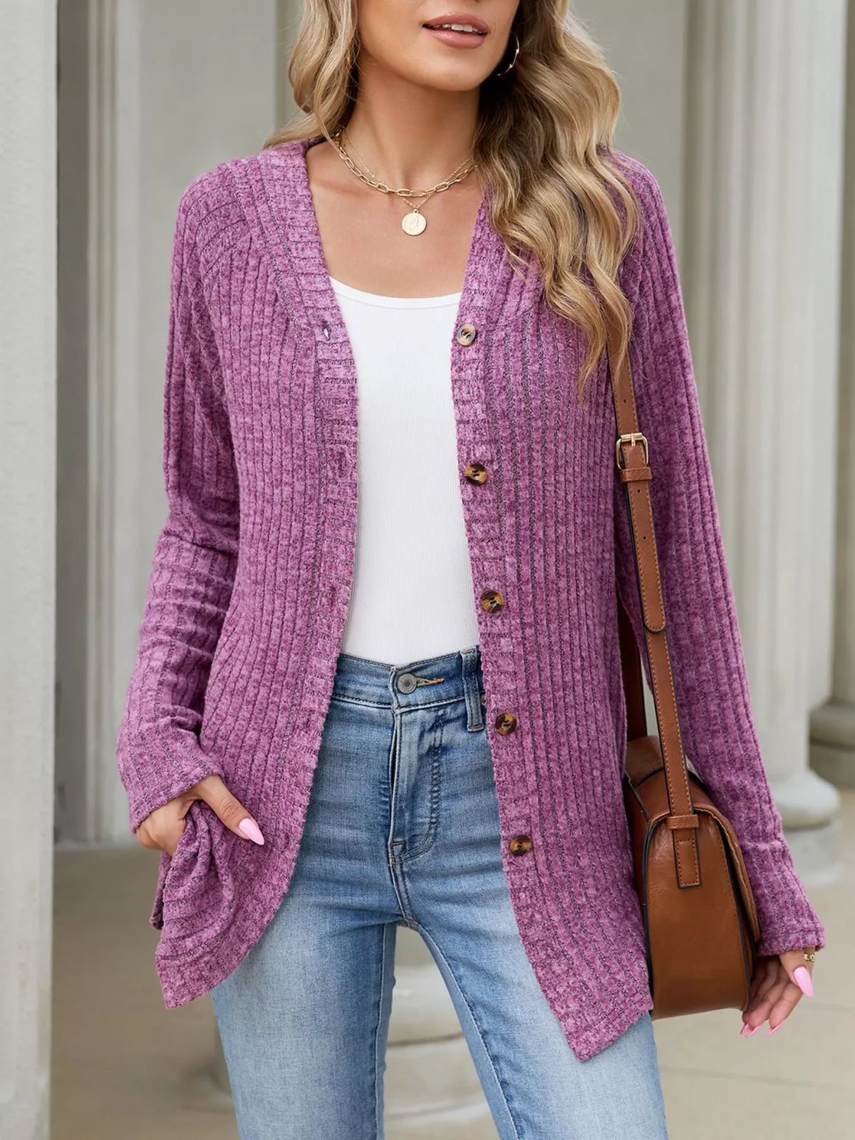 Ribbed Knit Hooded Button-down Cardigan (3)