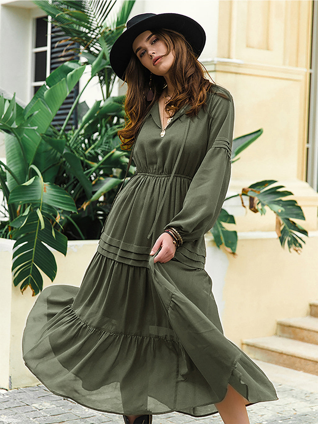 Tie Neck Long Sleeve Midi Tiered Dress (25)