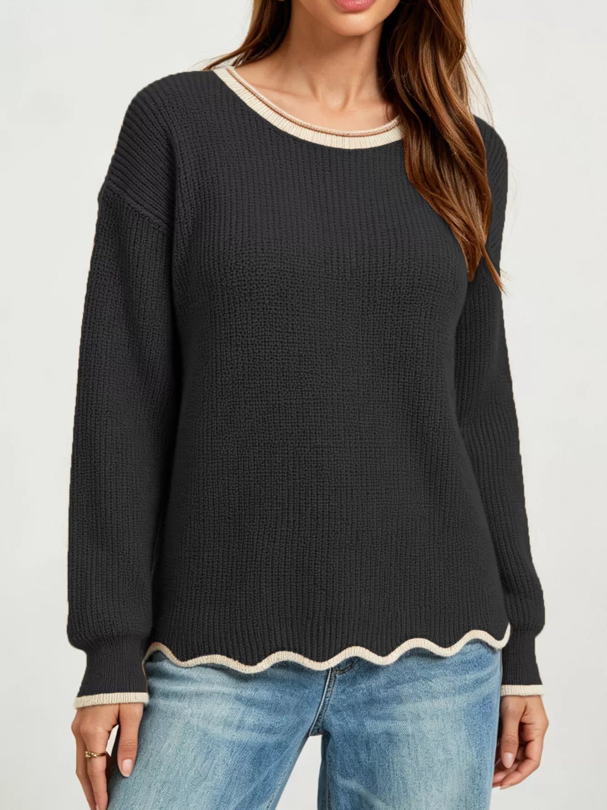 Contrast Trim Scalloped Hem Ribbed Knit Sweater (4)