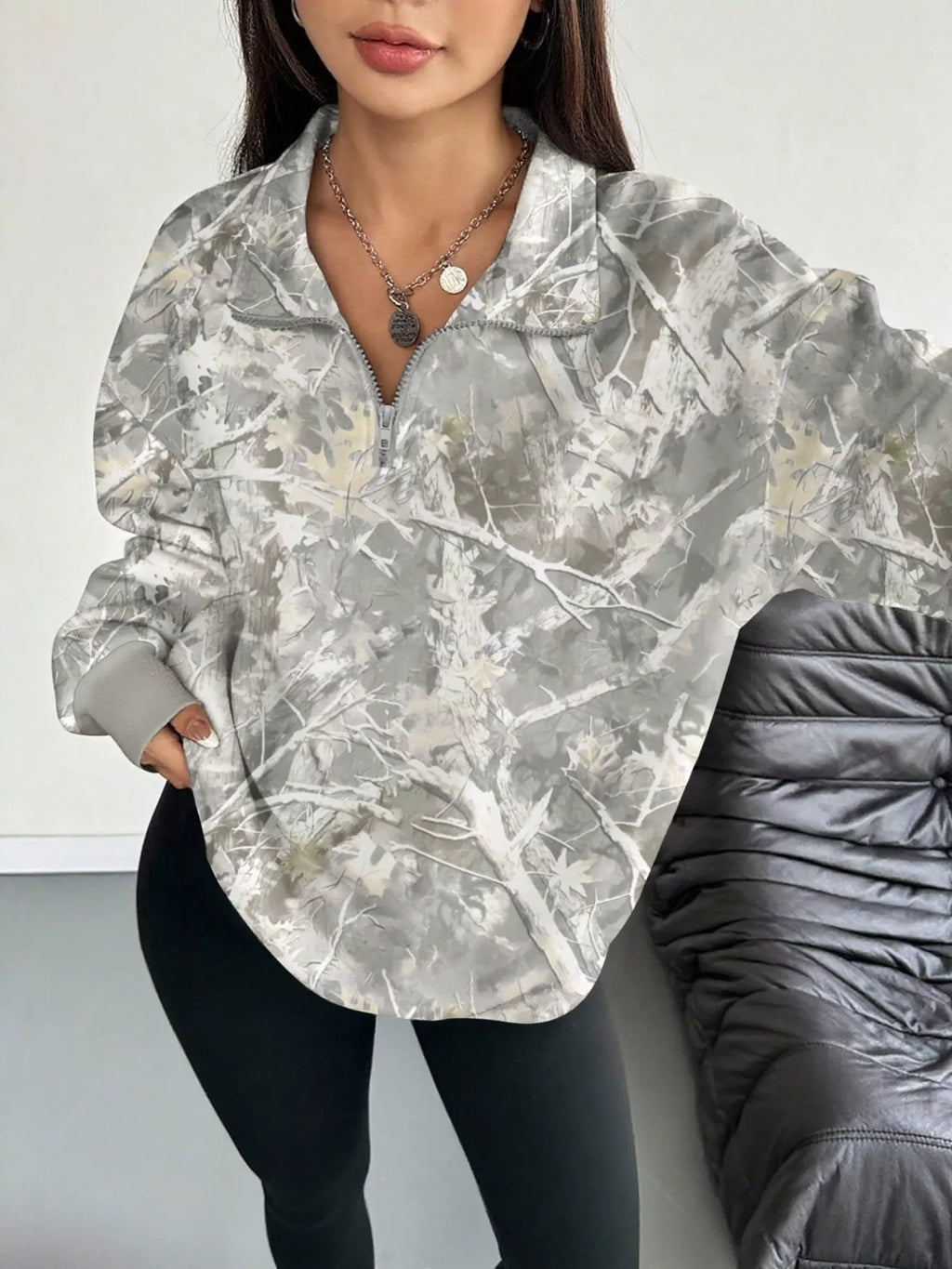 Quarter-zip Printed Sweatshirt Ribbed Cuffs