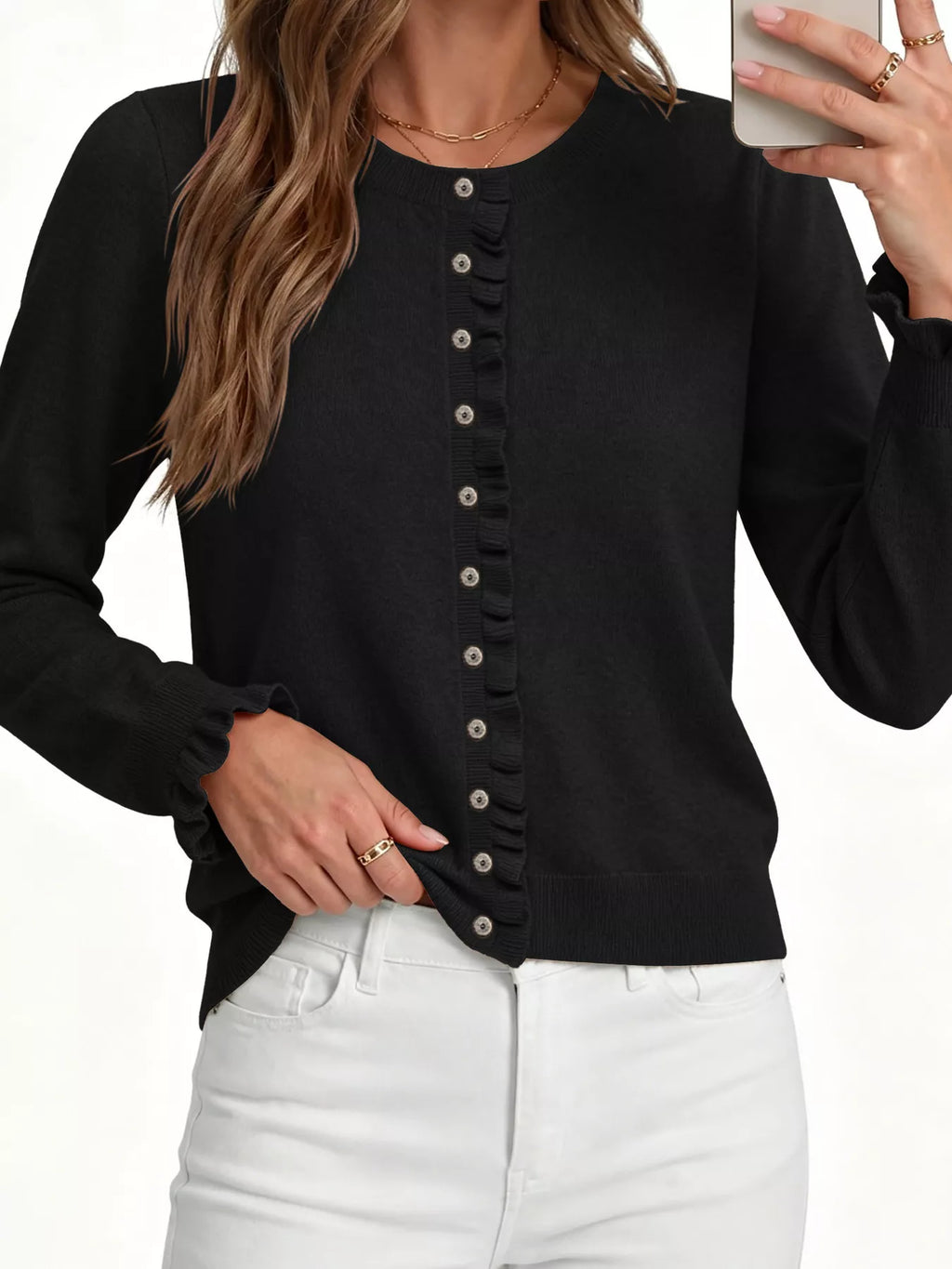 Ruffle-trimmed Button-down Knit Cardigan (8)