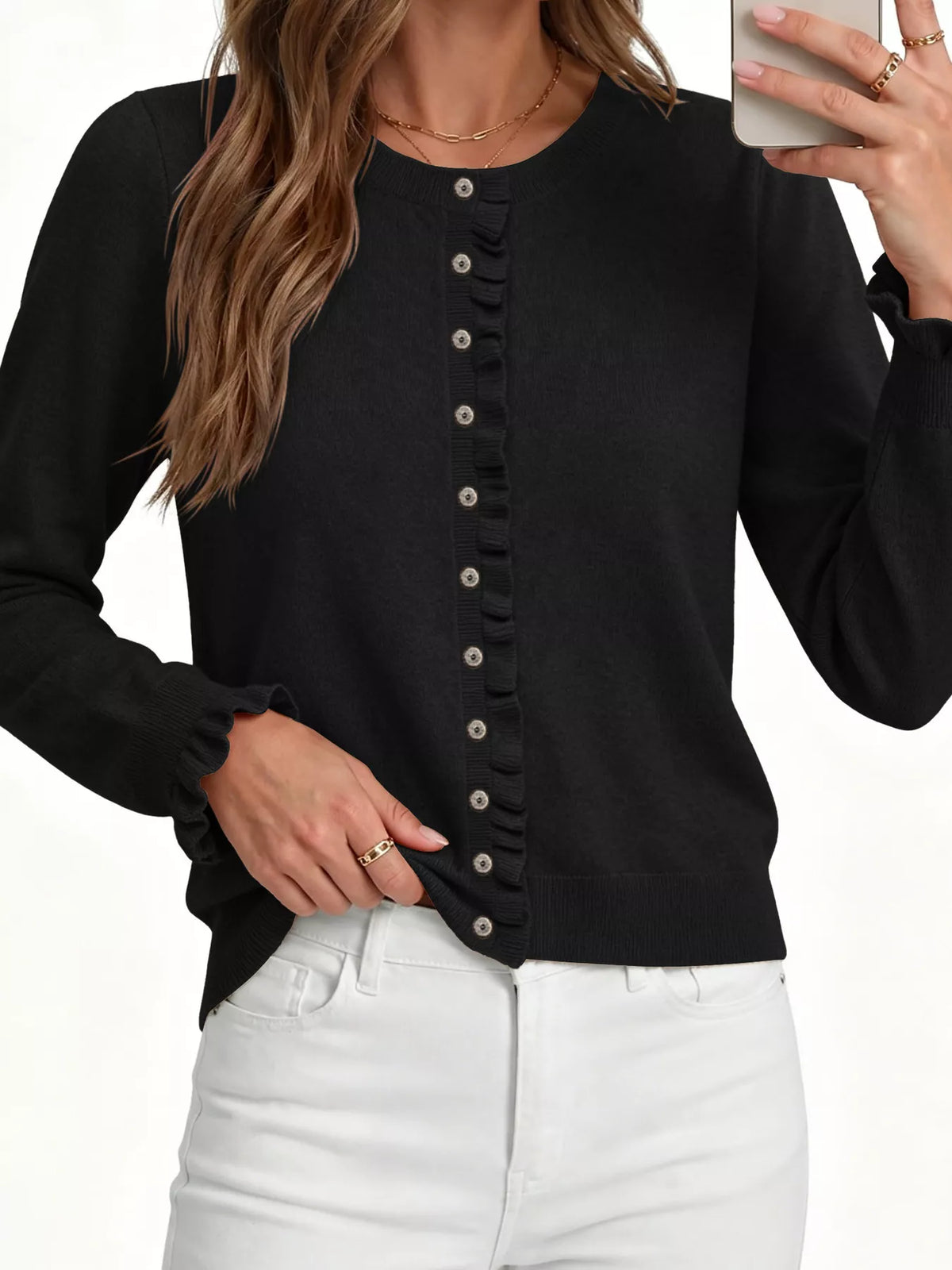 Ruffle-trimmed Button-down Knit Cardigan (8)