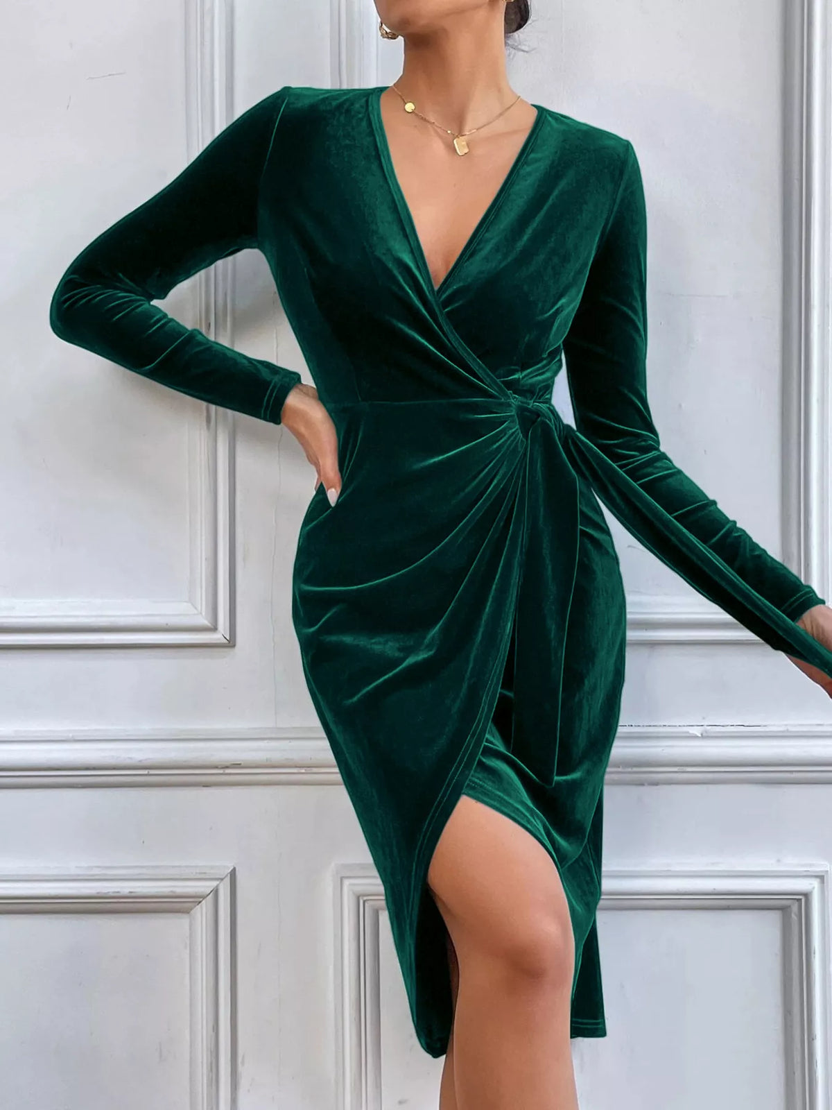 Velvet Wrap Long Sleeve Midi Dress