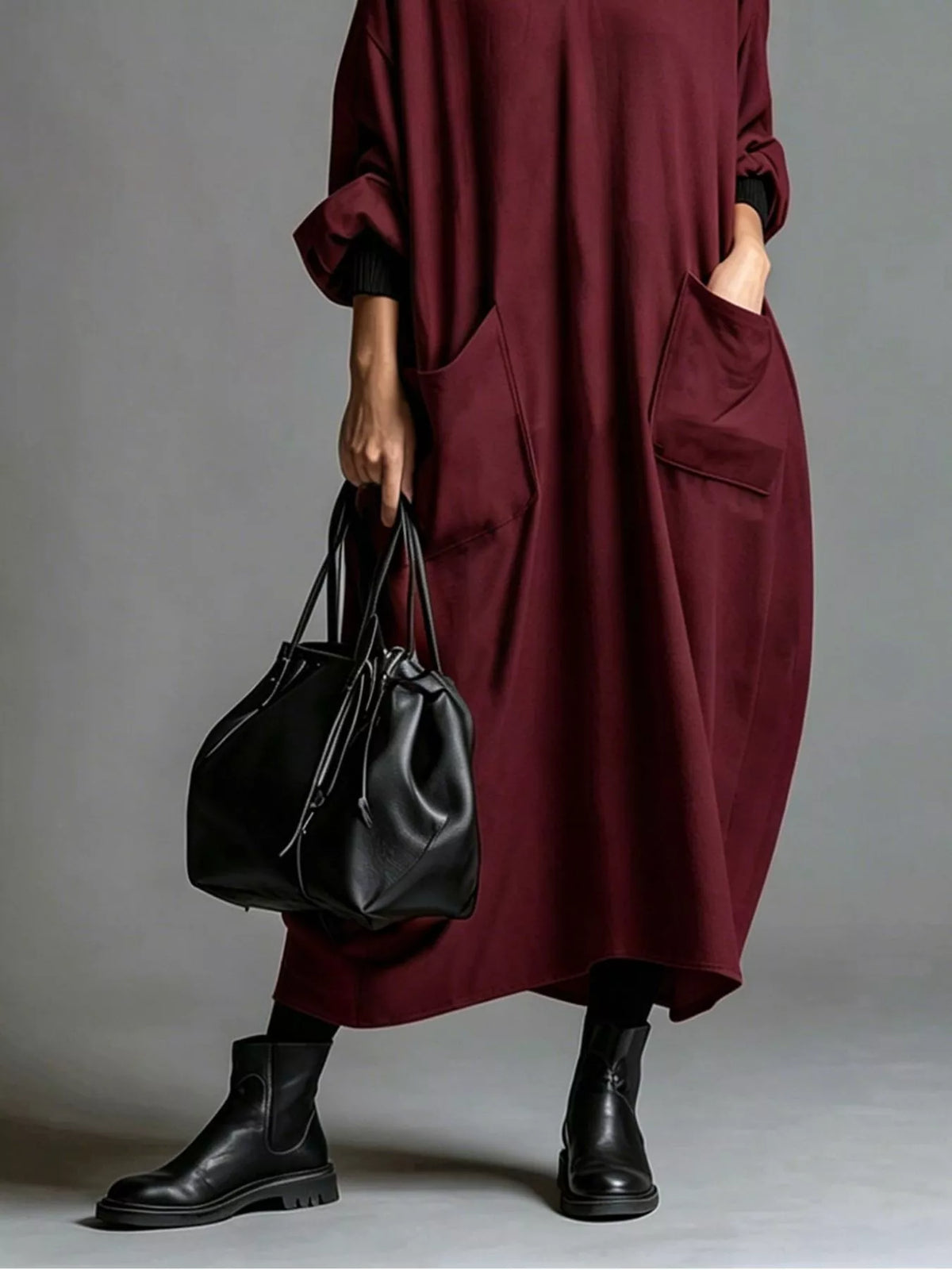 Full Size Loose-fit Mock Neck Midi Dress Pockets Plus (25)