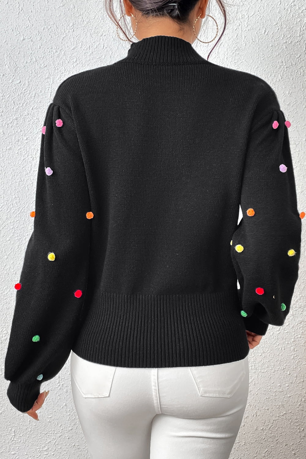 Pom-pom Trim Mock Neck Long Sleeve Pullover Sweater (12)