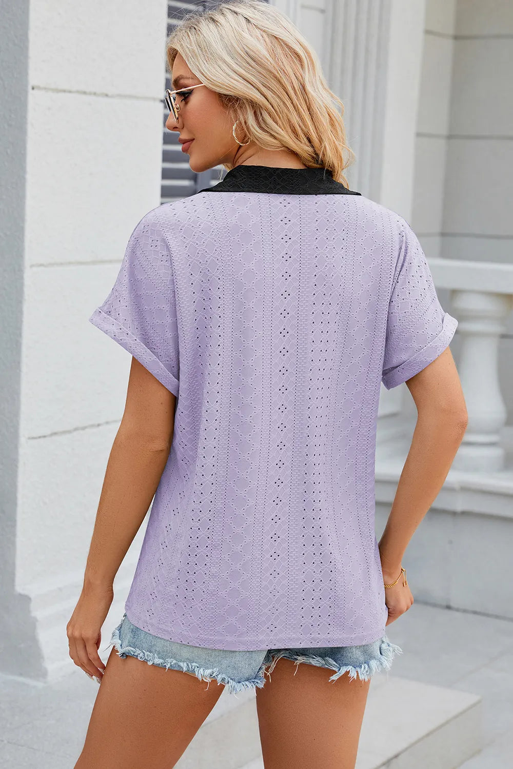 Eyelet Johnny Collar Short Sleeve T-shirt (32)