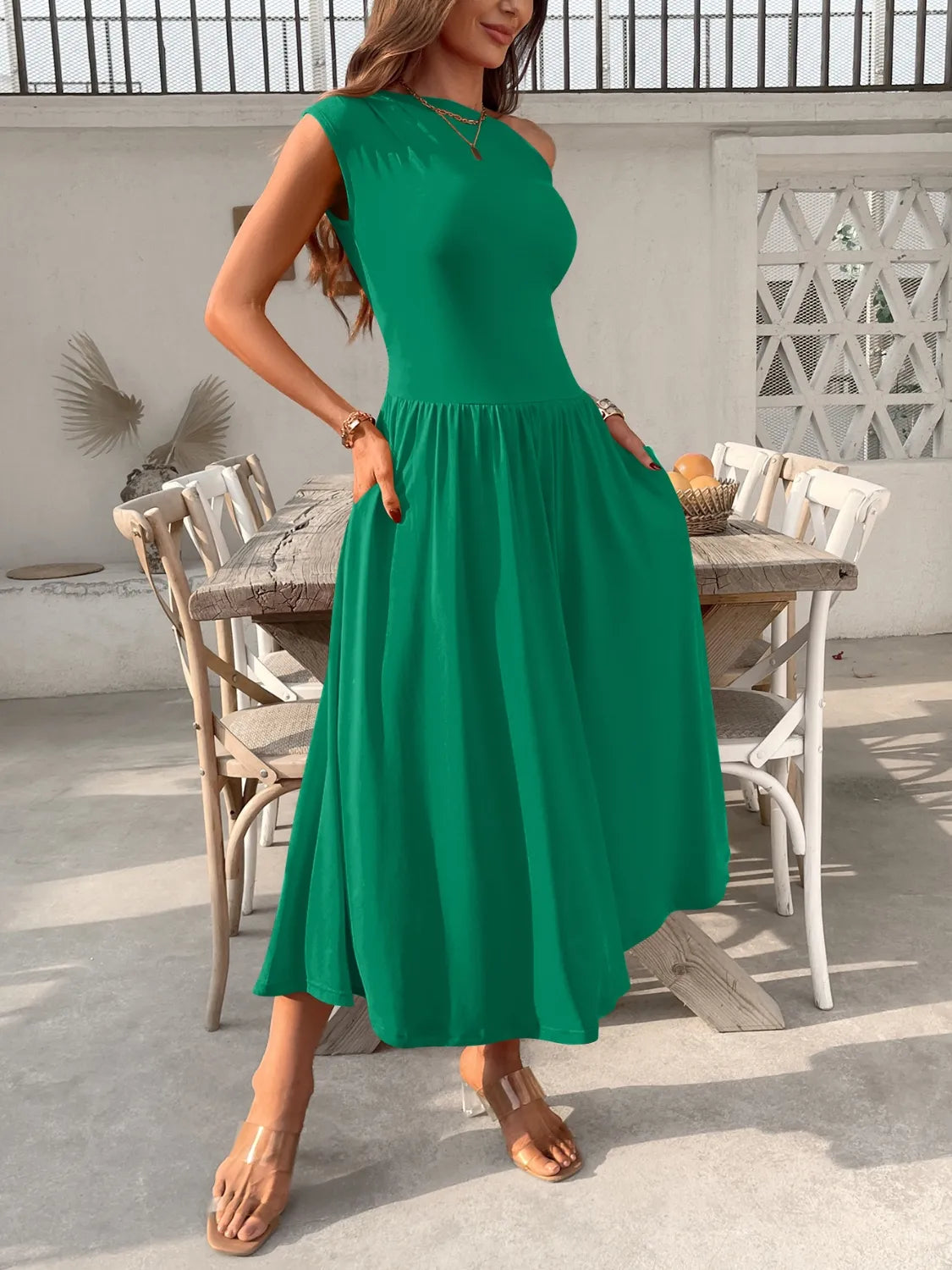 Single Shoulder Midi Dress Pockets (24)