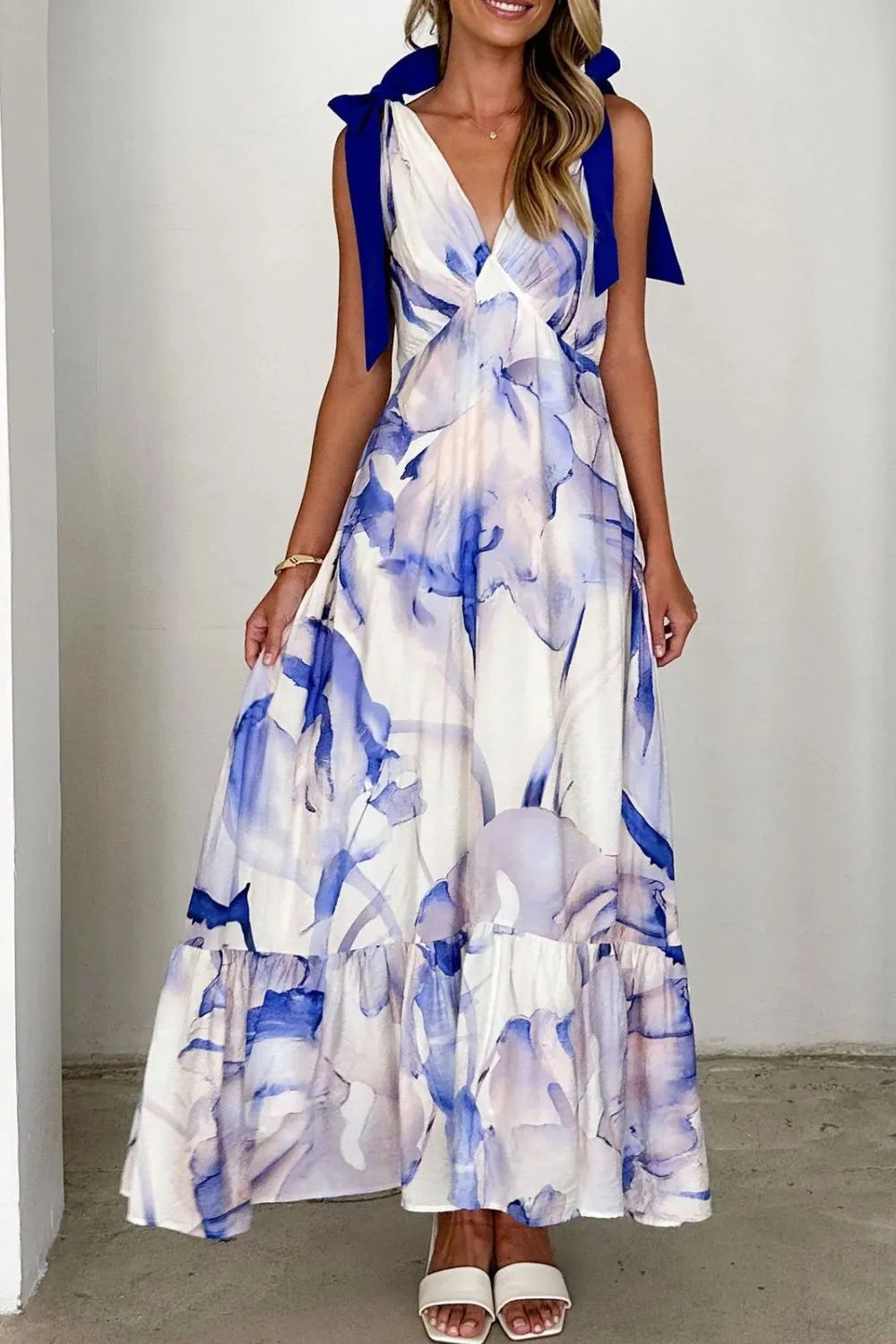 Printed V-neck Tie Shoulder Midi Cami Dress (24)