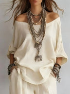 Off-shoulder Loose Fit Top Pants Two-piece Set (5)
