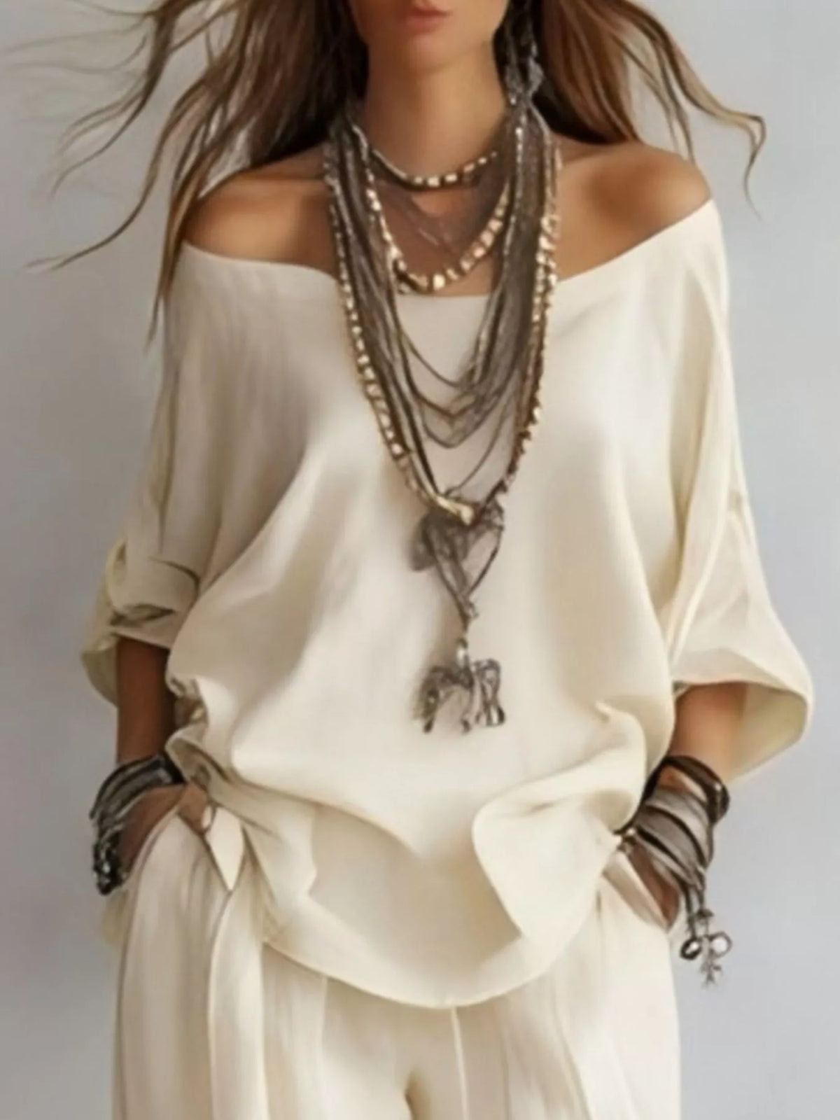 Off-shoulder Loose Fit Top Pants Two-piece Set (5)