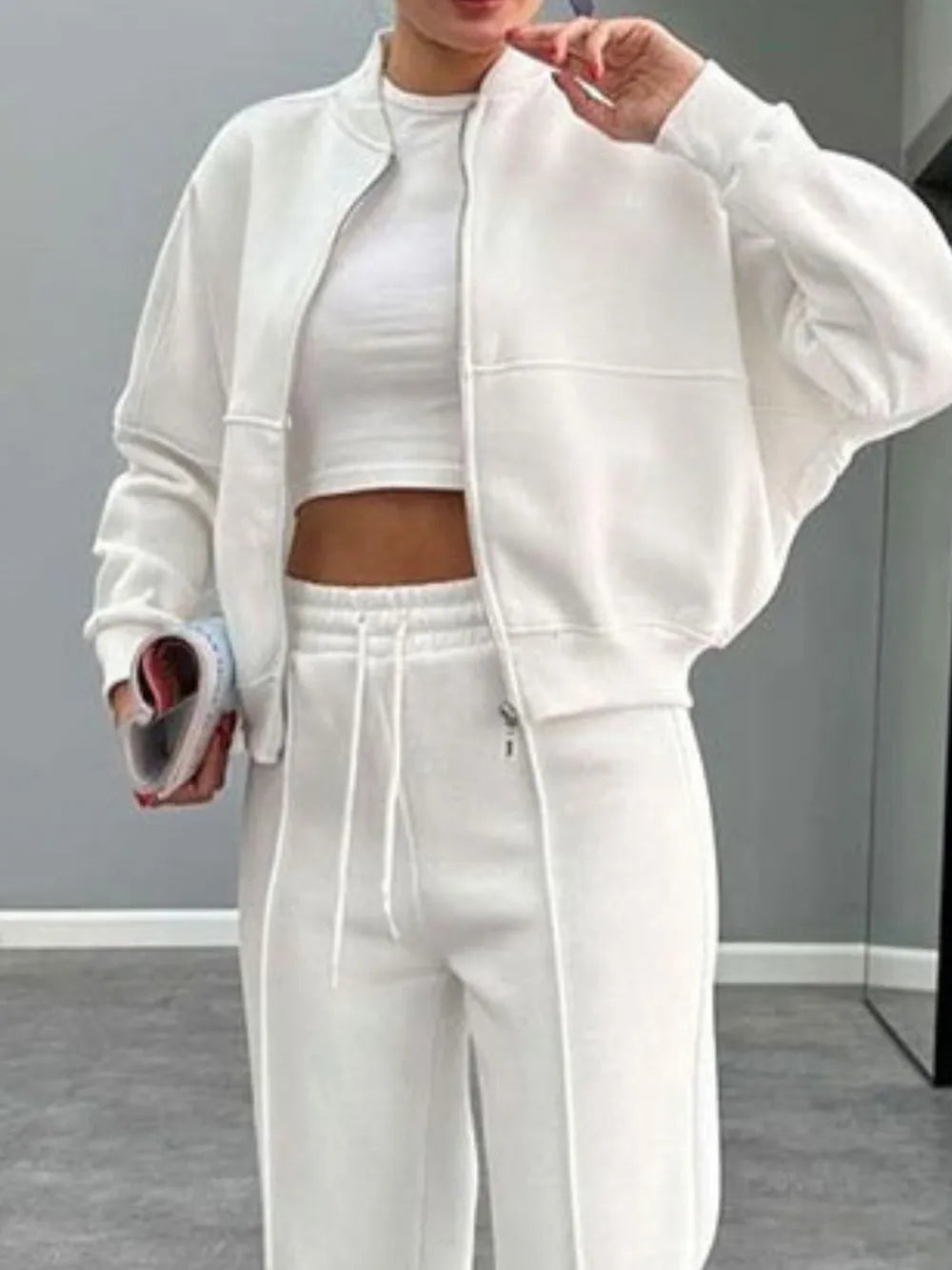 Baseball Collar Zip Up Outerwear Drawstring Pants Set (7)