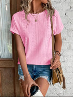 Eyelet Round Neck Short Sleeve T-shirt (27)