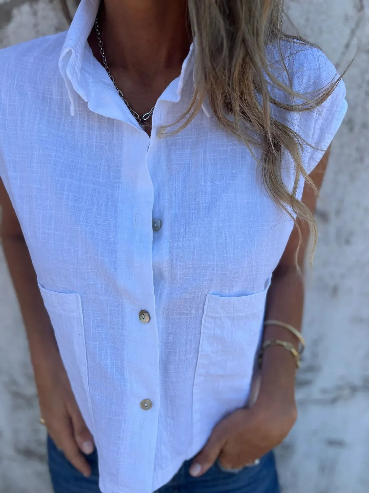 Full Size Textured Button-front Sleeveless Shirt Plus (20)