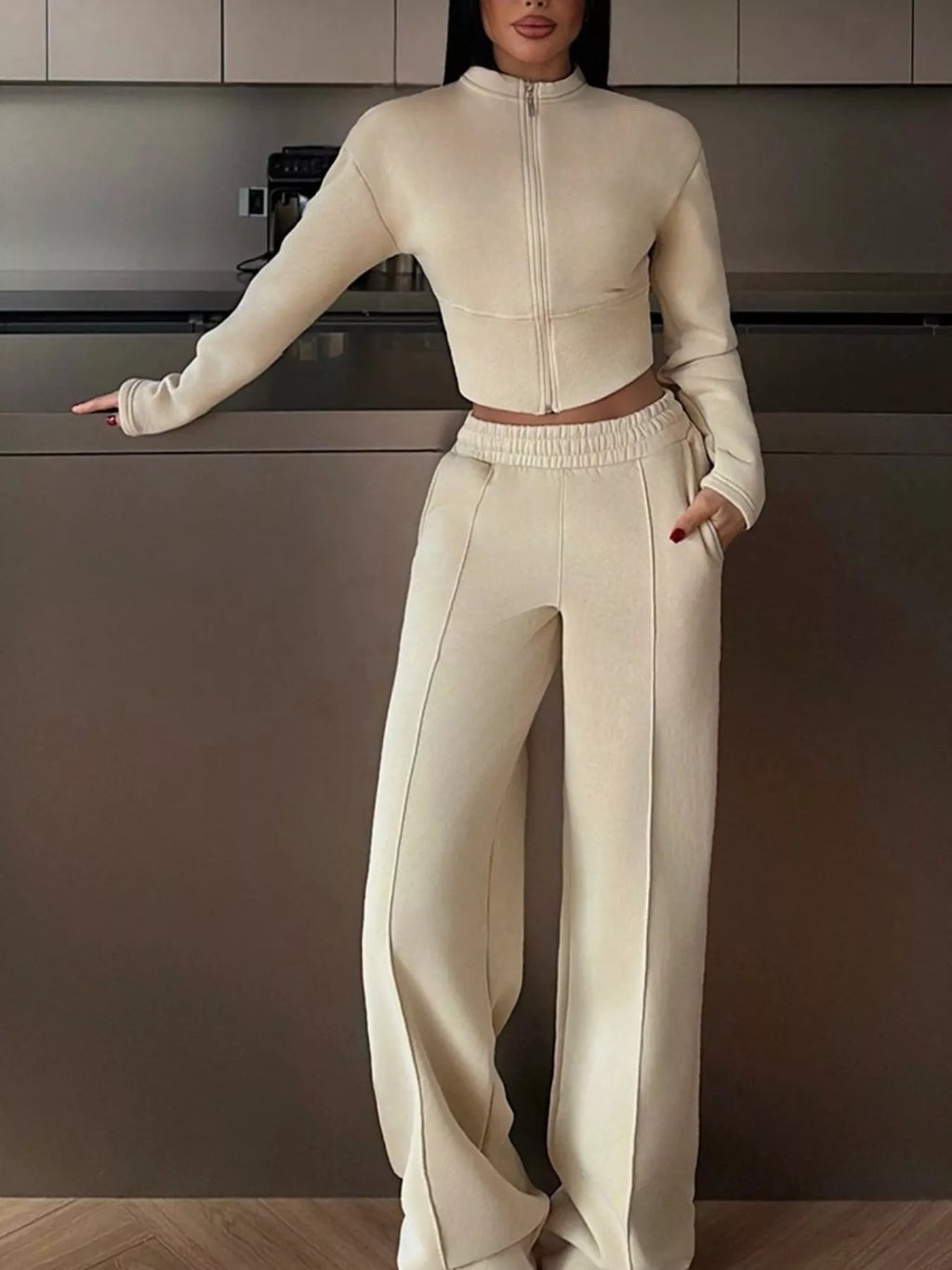 Zip-up Crop Jacket Wide-leg Pants Set