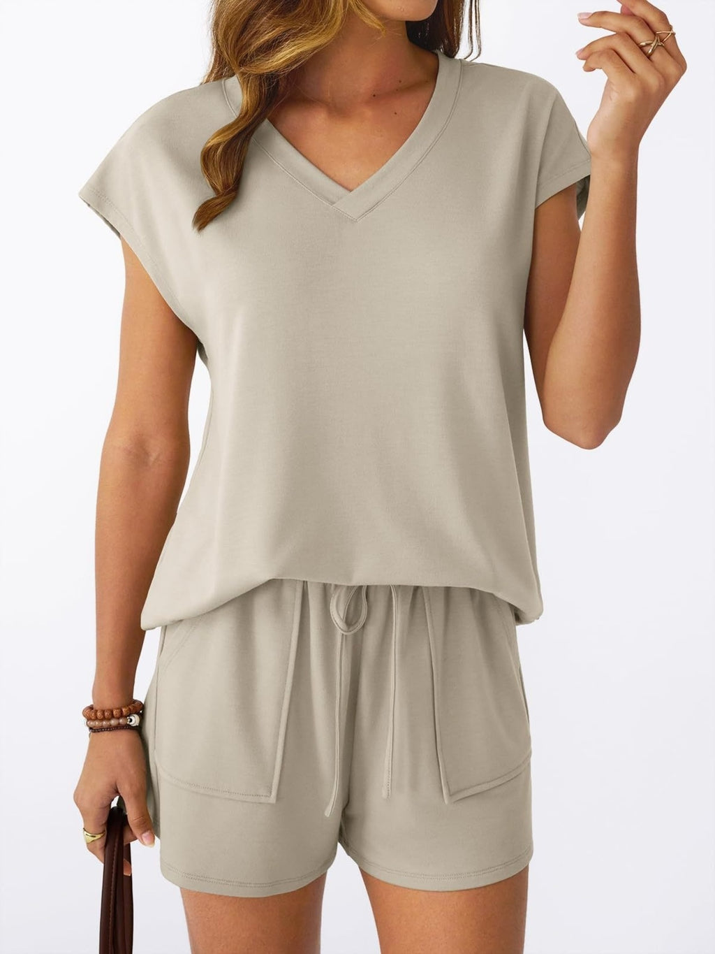Casual V-neck T-shirt Shorts Set (4)