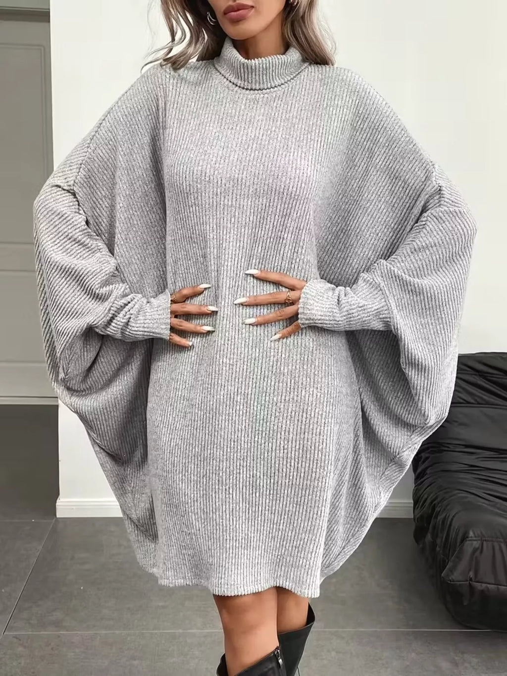 Oversized Batwing Sleeve Ribbed Knit Turtleneck Dress (2)