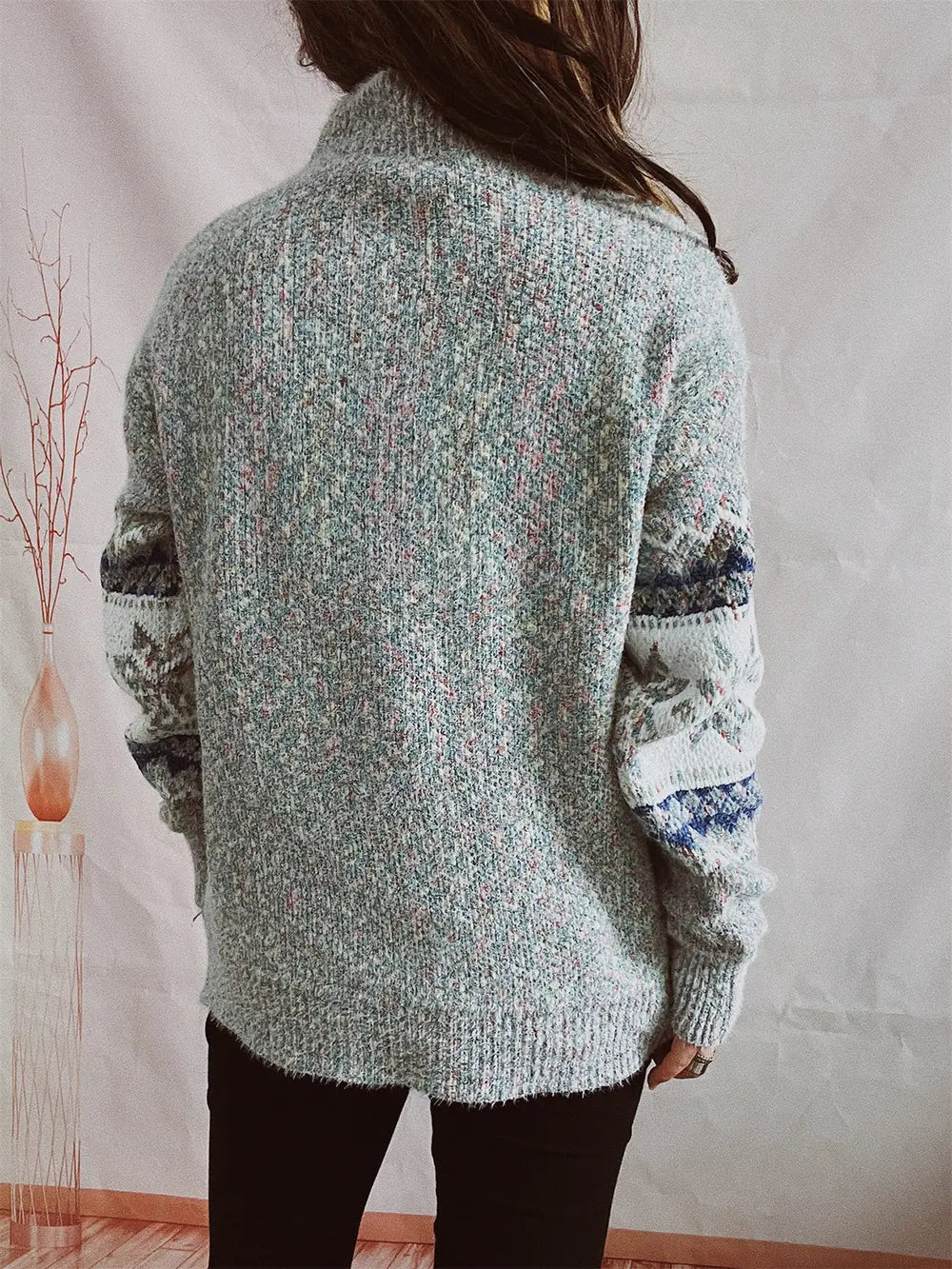 Geometric Mock Neck Dropped Shoulder Sweater (15)