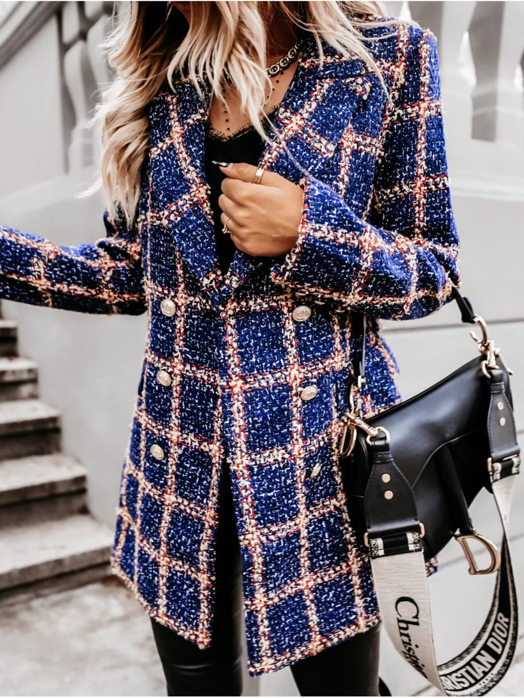 Plaid Tweed Double-breasted Coat (12)