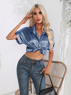 Button Down Collared Neck Short Sleeve Satin Shirt (13)