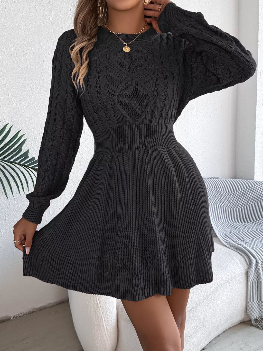 Cable Knit Long Sleeve Sweater Dress (3)
