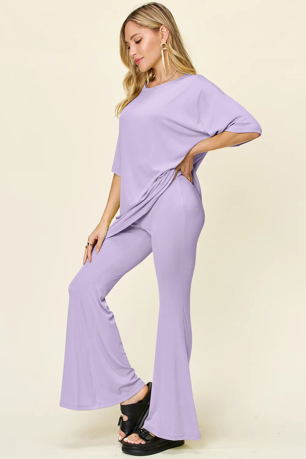 Full Size Round Neck Drop Shoulder T-shirt Flare Pants Set (3)