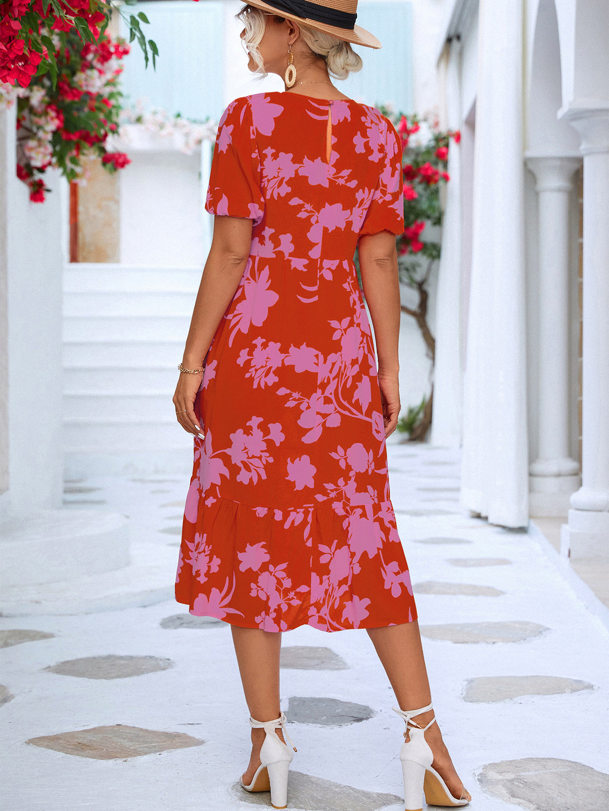 Floral Puff Sleeve Ruffle Hem Midi Dress (10)