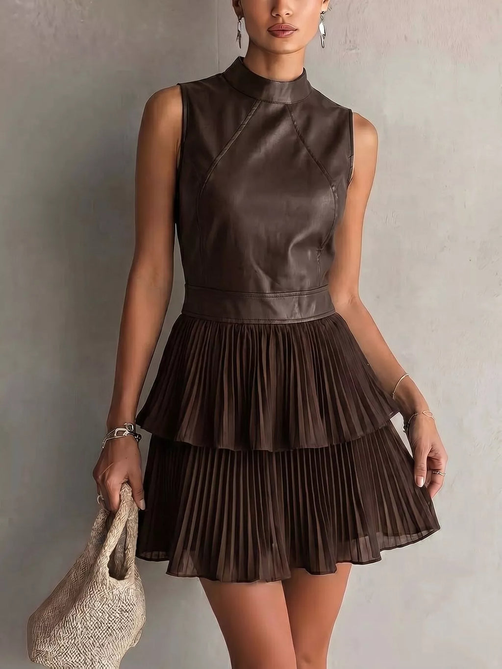 Sleeveless Faux Leather Layered Pleated Mini Dress (7)
