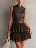 Sleeveless Faux Leather Layered Pleated Mini Dress (7)