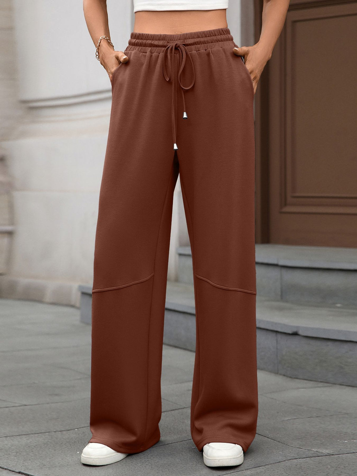 Drawstring High Waist Wide Leg Casual Pants (27)