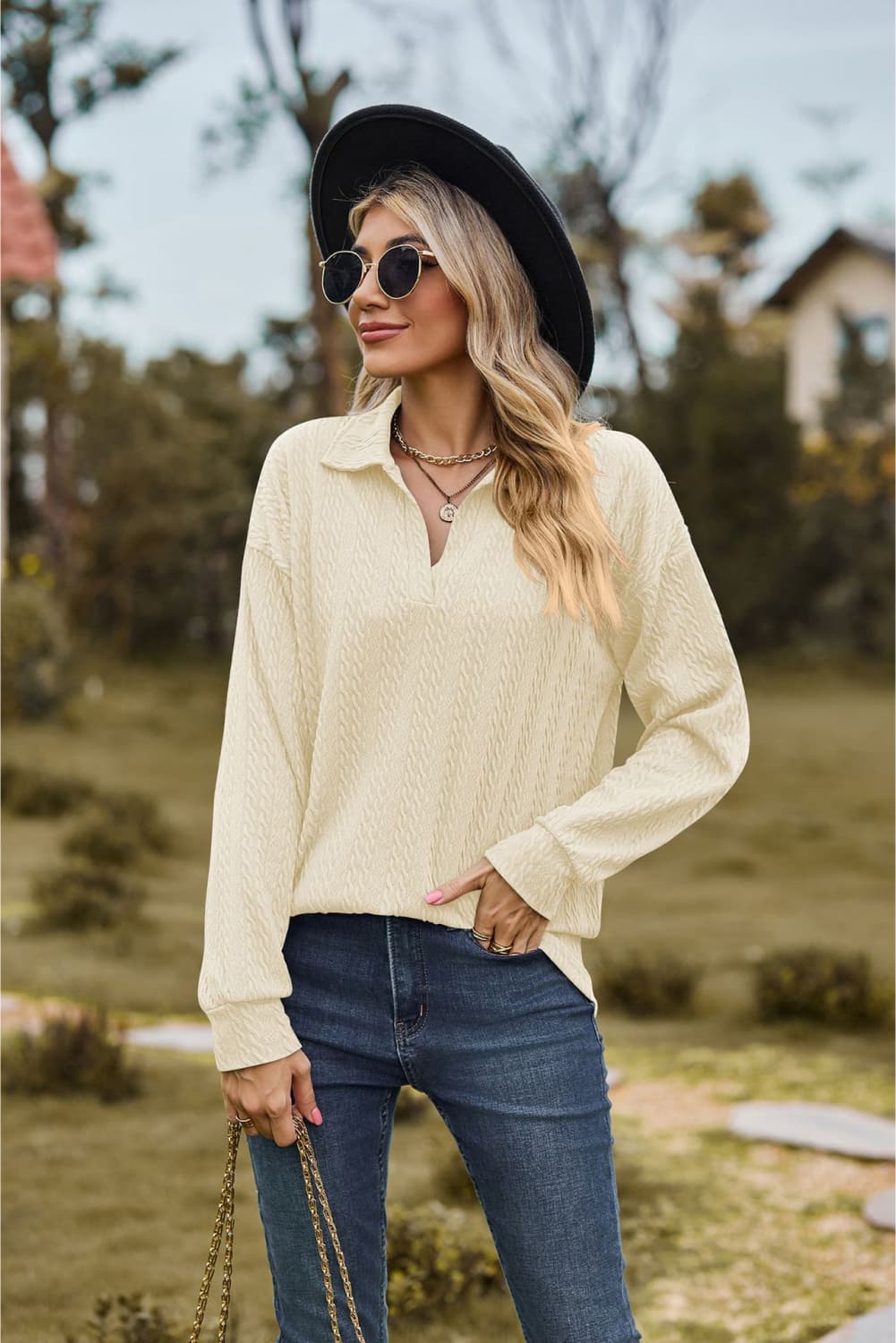 Collared Neck Cable-knit Long Sleeve Blouse (5)